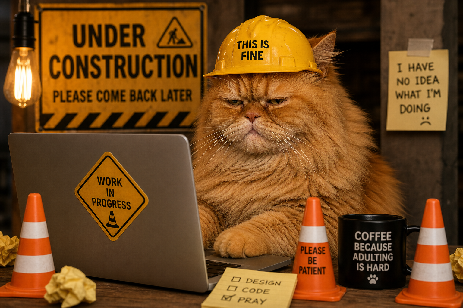 grumpy construction cat: this is fine